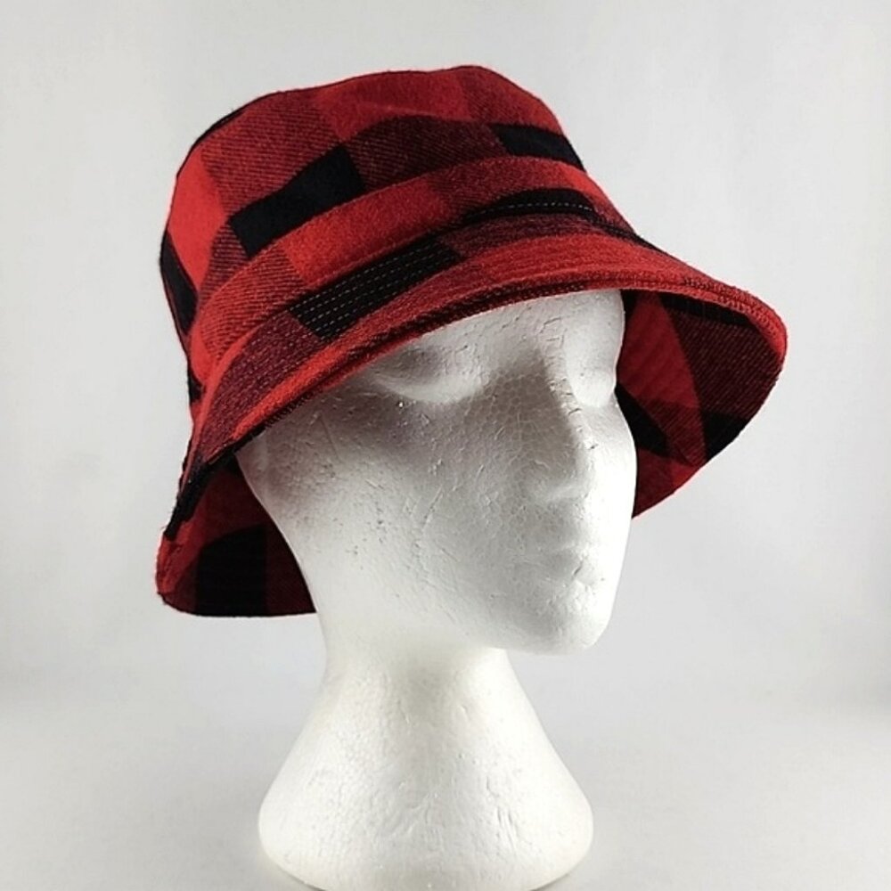 NWT HB STRIPES Unisex Bucket Hat Red Black Plaid Wool Blend Fleece Lined O/S